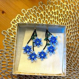 Beaded Blue 💙Flower Earrings - 2.5 inches
